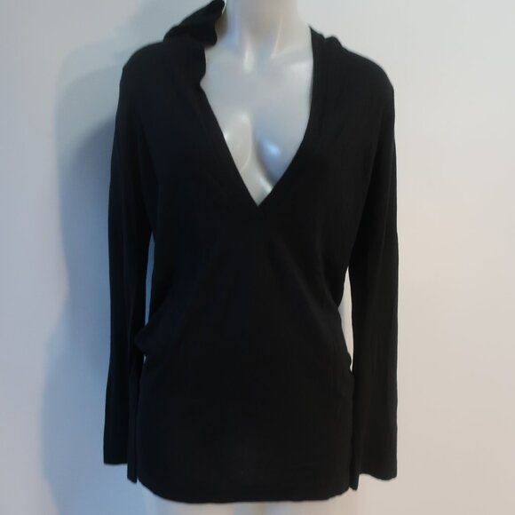 Womens Minnie Rose Black Silk Cashmere Hooded V-Neck Sweater M - Picture 1 of 10
